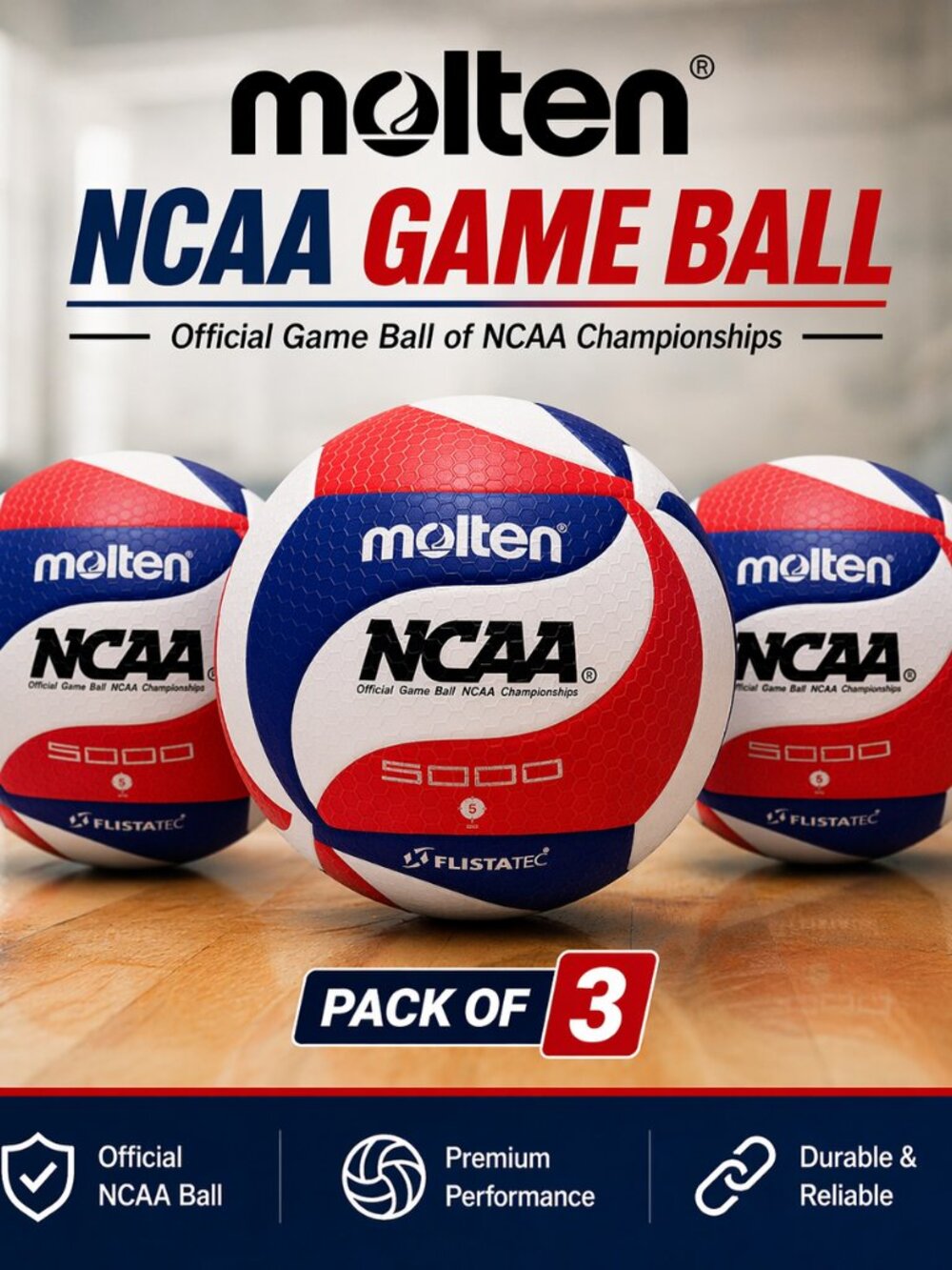 Molten NCAA V5M5000-3N FLISTATEC Volleyball V5M5000 GAME BALL PACK Of 3